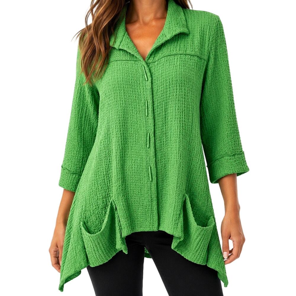 IC by Connie K XXL 2X Wearable Art to Wear Green Unique Blouse Shirt Top Artsy
